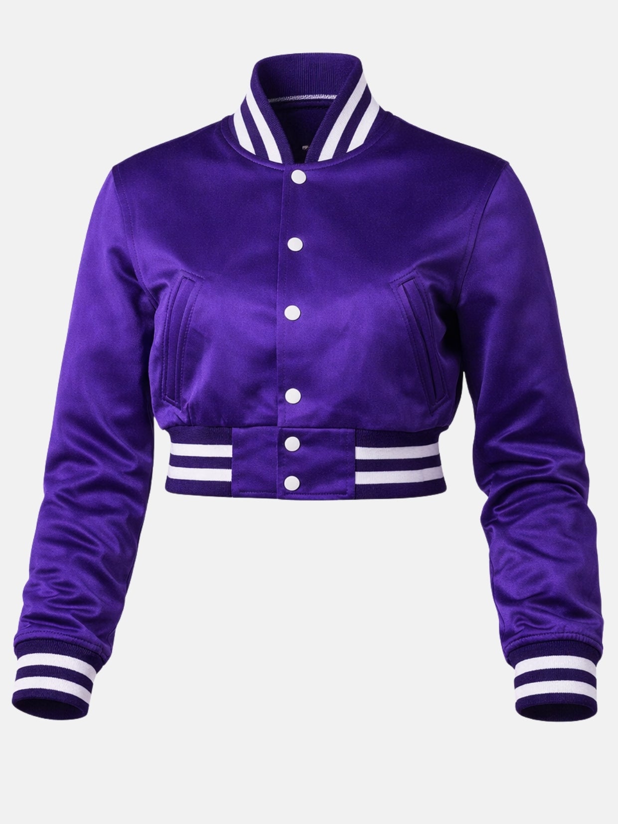 Flat lay of purple cropped varsity jacket, snap-button placket visible