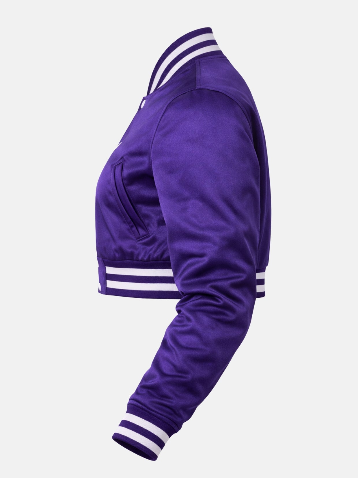 Side angle flat lay, purple satin sleeve and slant welt pocket