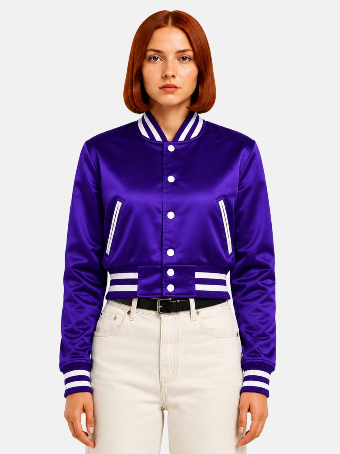 Purple satin cropped varsity jacket, front view with white crop top underneath