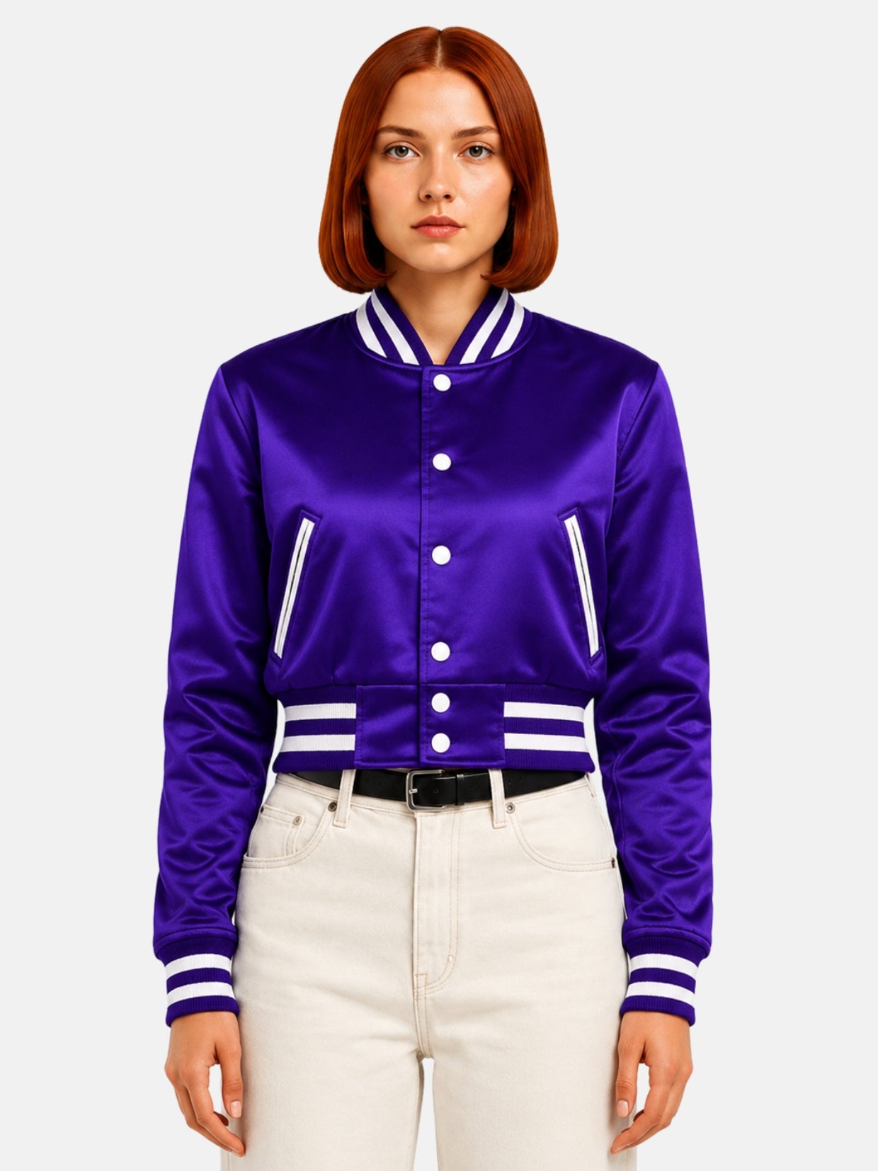 Purple satin cropped varsity jacket, front view with white crop top underneath