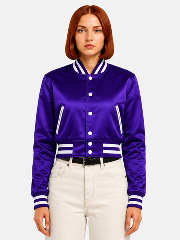 Purple satin cropped varsity jacket, front view with white crop top underneath