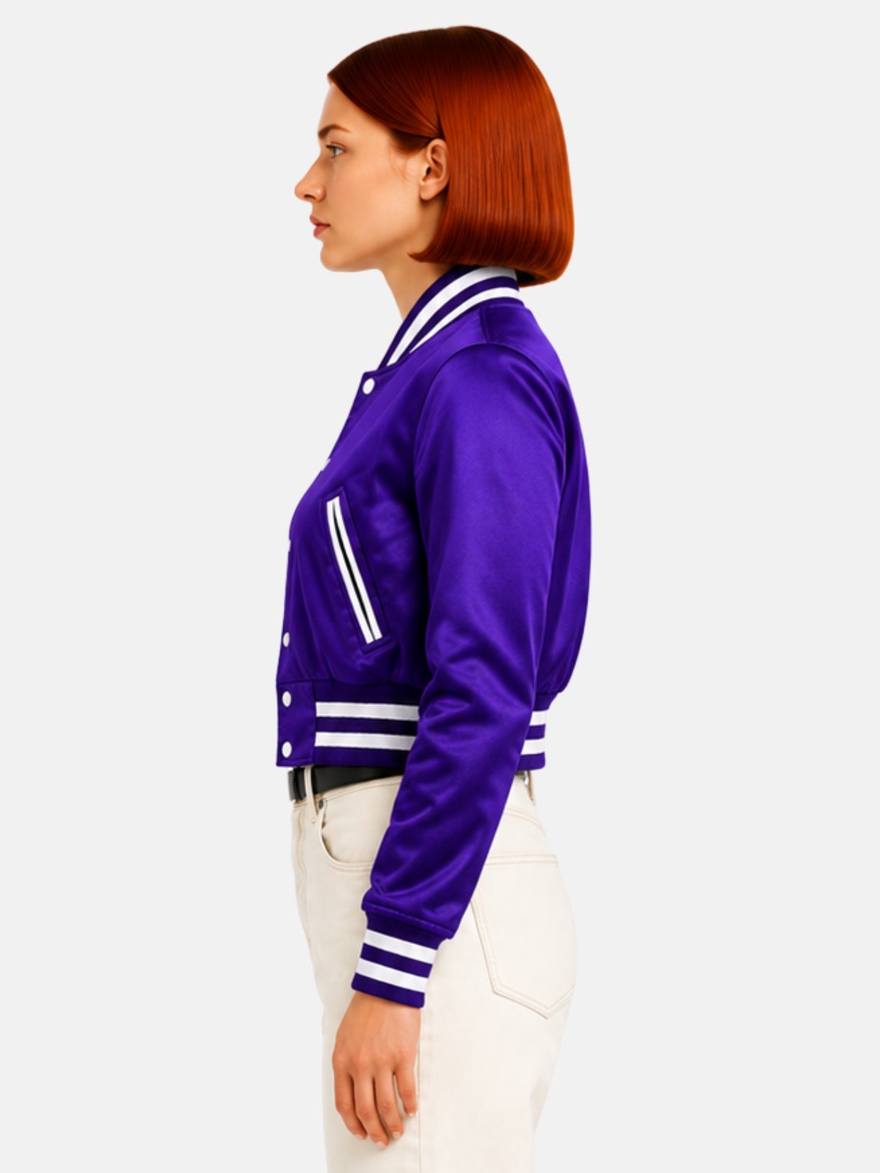 Side profile of purple satin jacket with white ribbed collar trim