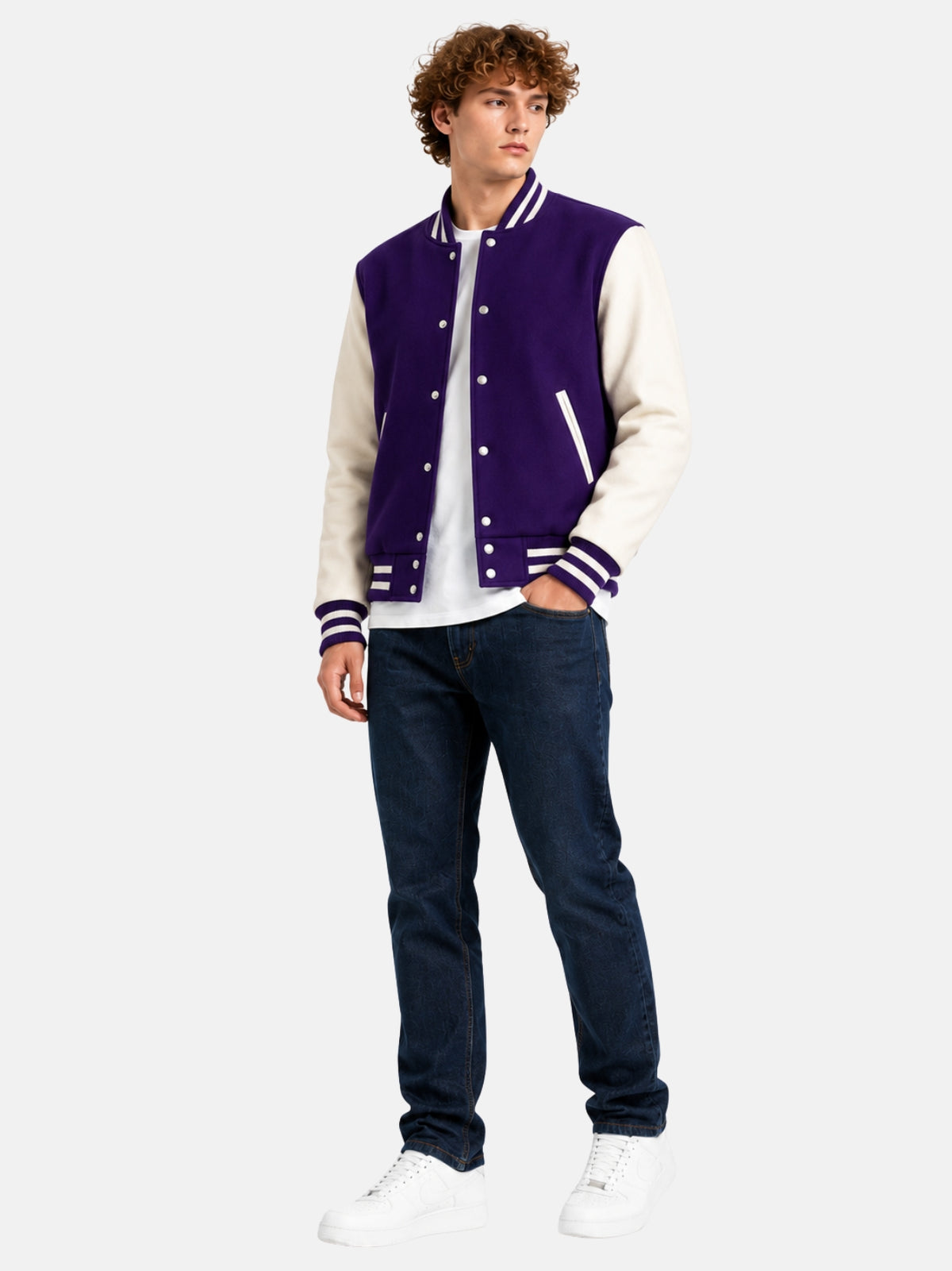 Full-length view of model in purple wool varsity jacket with dark denim