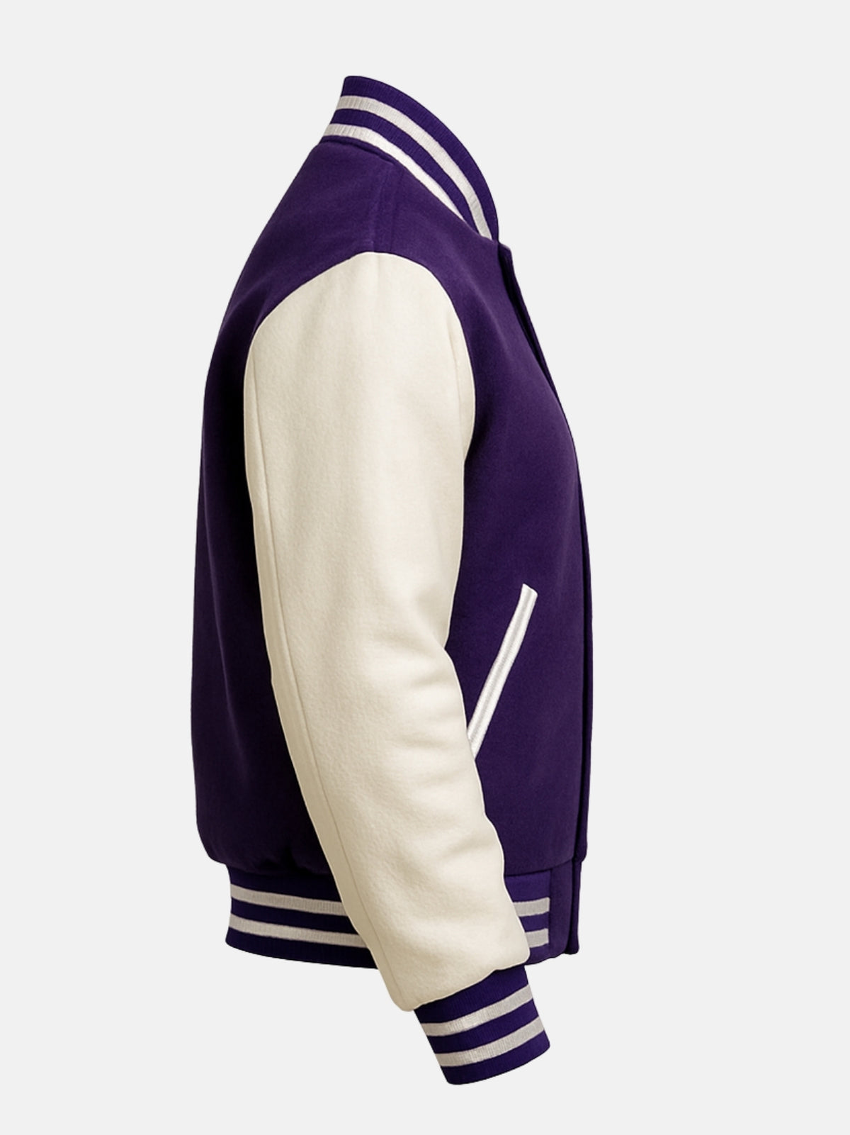 Side flat view of purple varsity jacket with striped hem and cuffs
