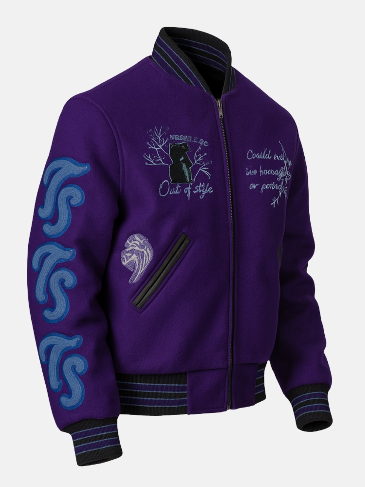 Angled view of purple varsity jacket showing sleeve embroidery and welt pockets