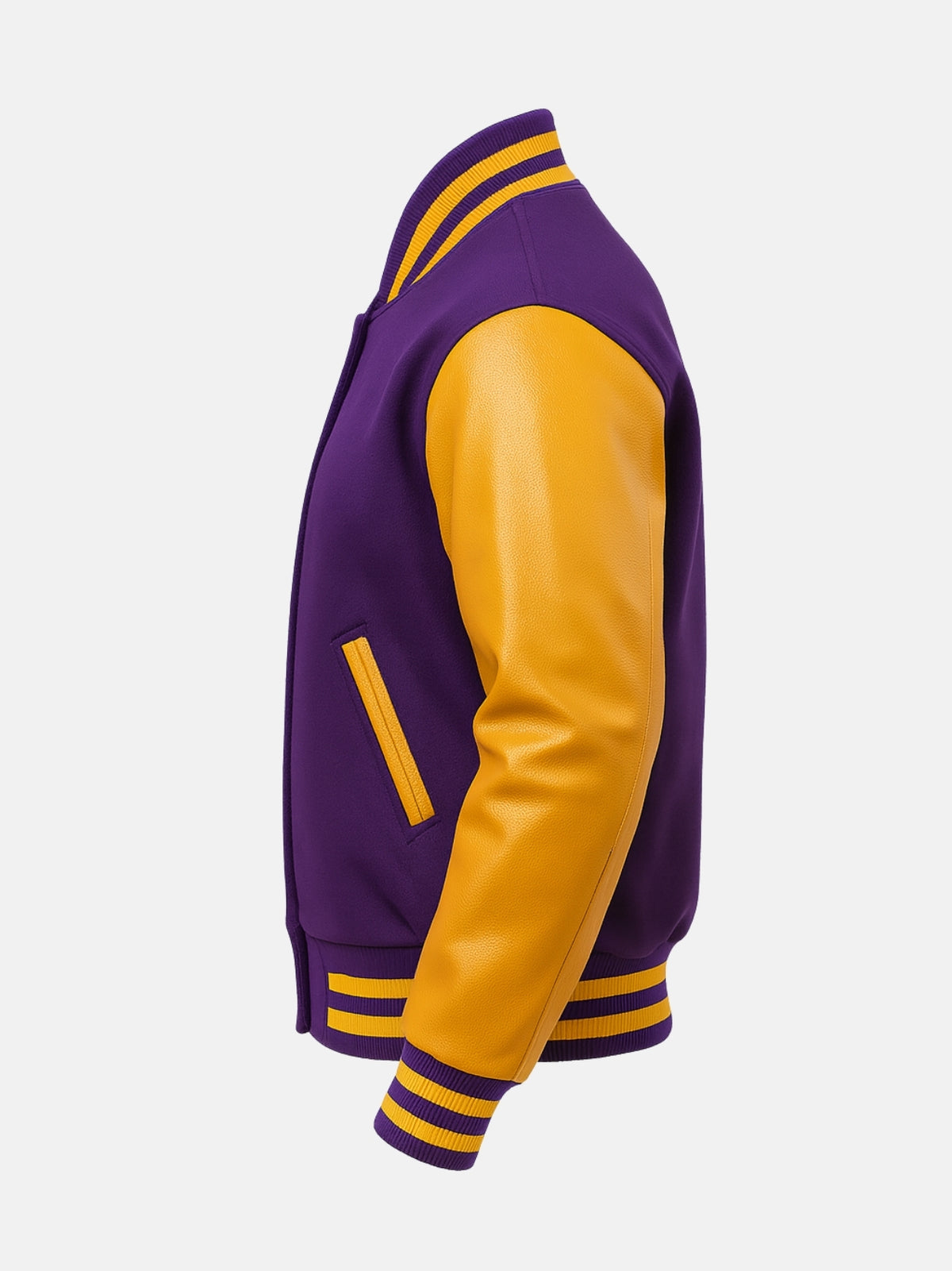 Gold leather sleeve with purple striped knit cuff on wool varsity jacket, side view