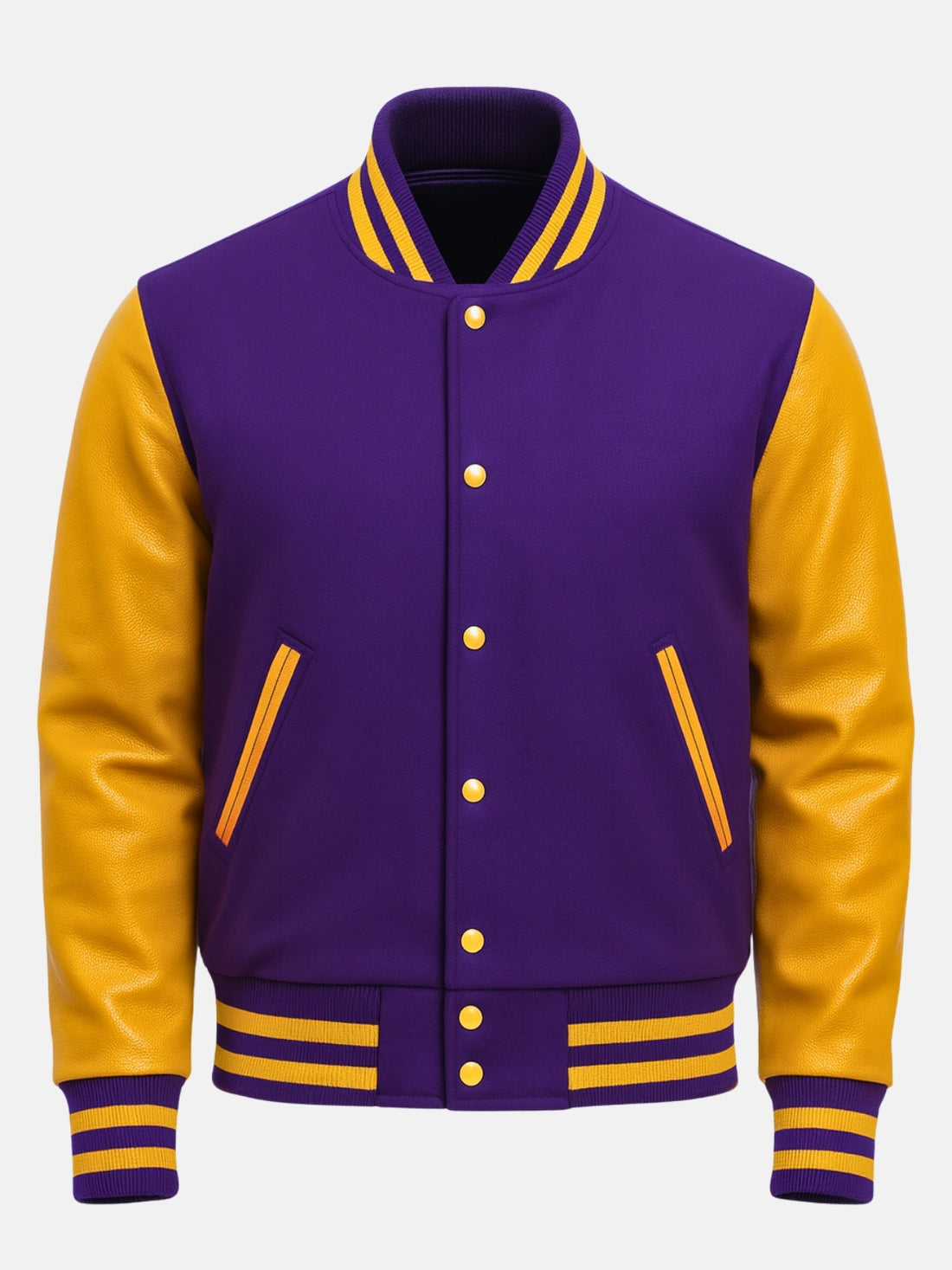 Man wearing purple varsity jacket with gold leather sleeves, gold snaps and striped collar