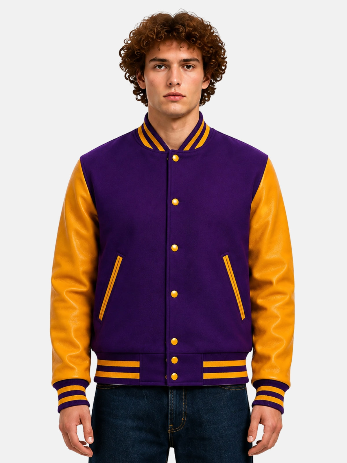 Man wearing purple varsity jacket with gold leather sleeves, gold snaps and striped collar