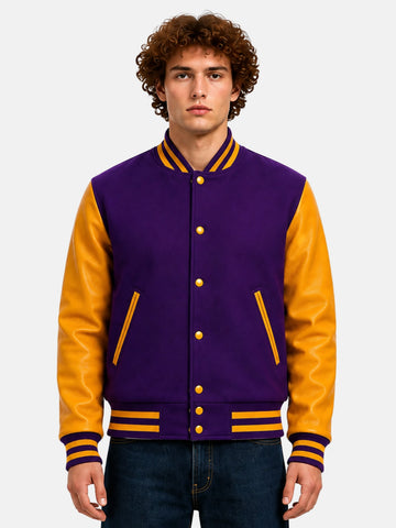 Man wearing purple varsity jacket with gold leather sleeves, gold snaps and striped collar