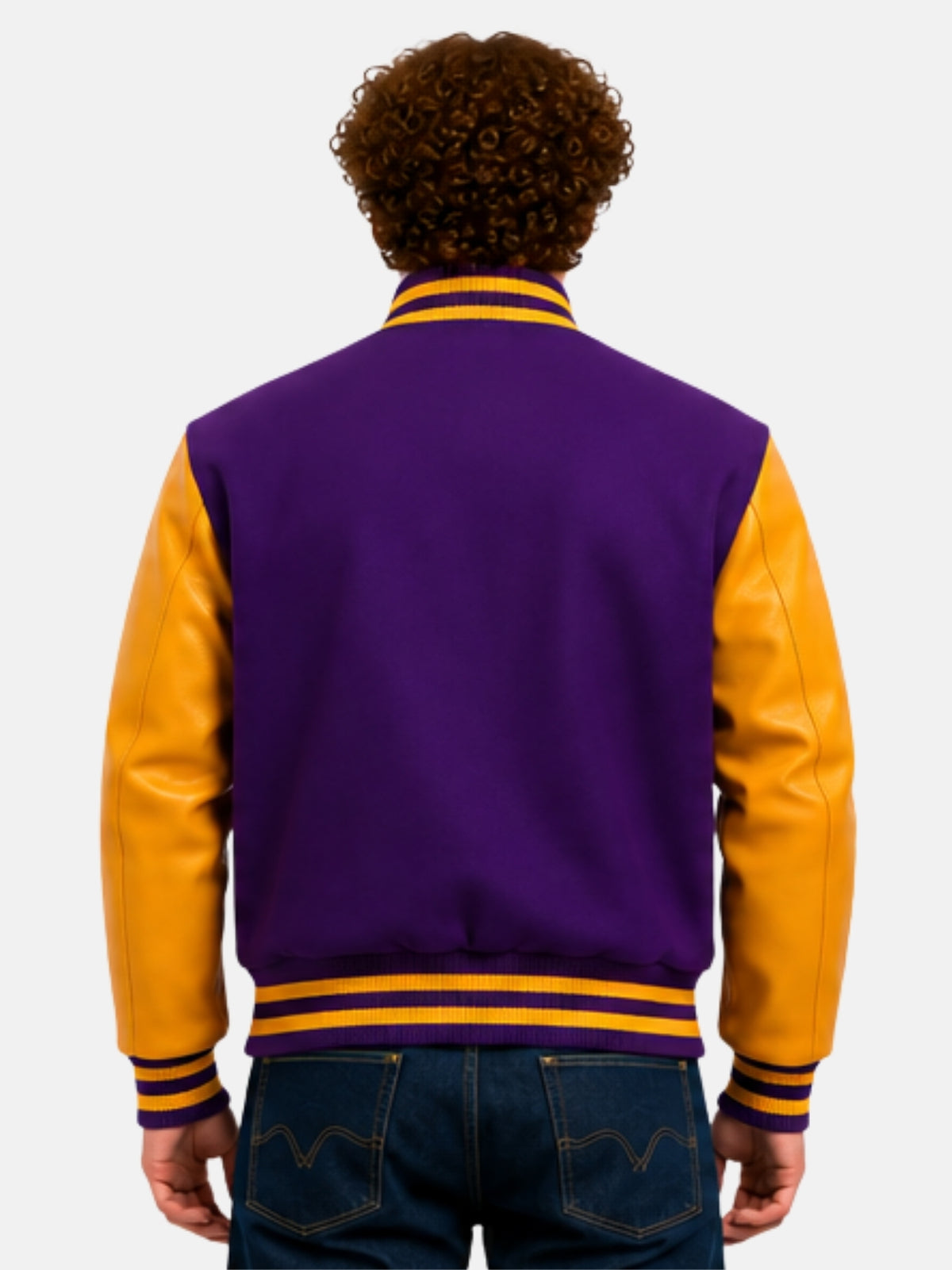 Model showing plain purple back panel of varsity jacket with gold sleeves