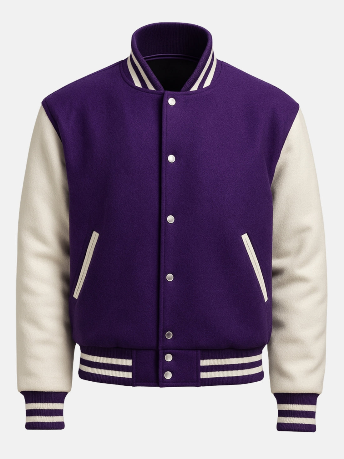 Man wearing a purple and white varsity jacket with striped rib trims and snap front