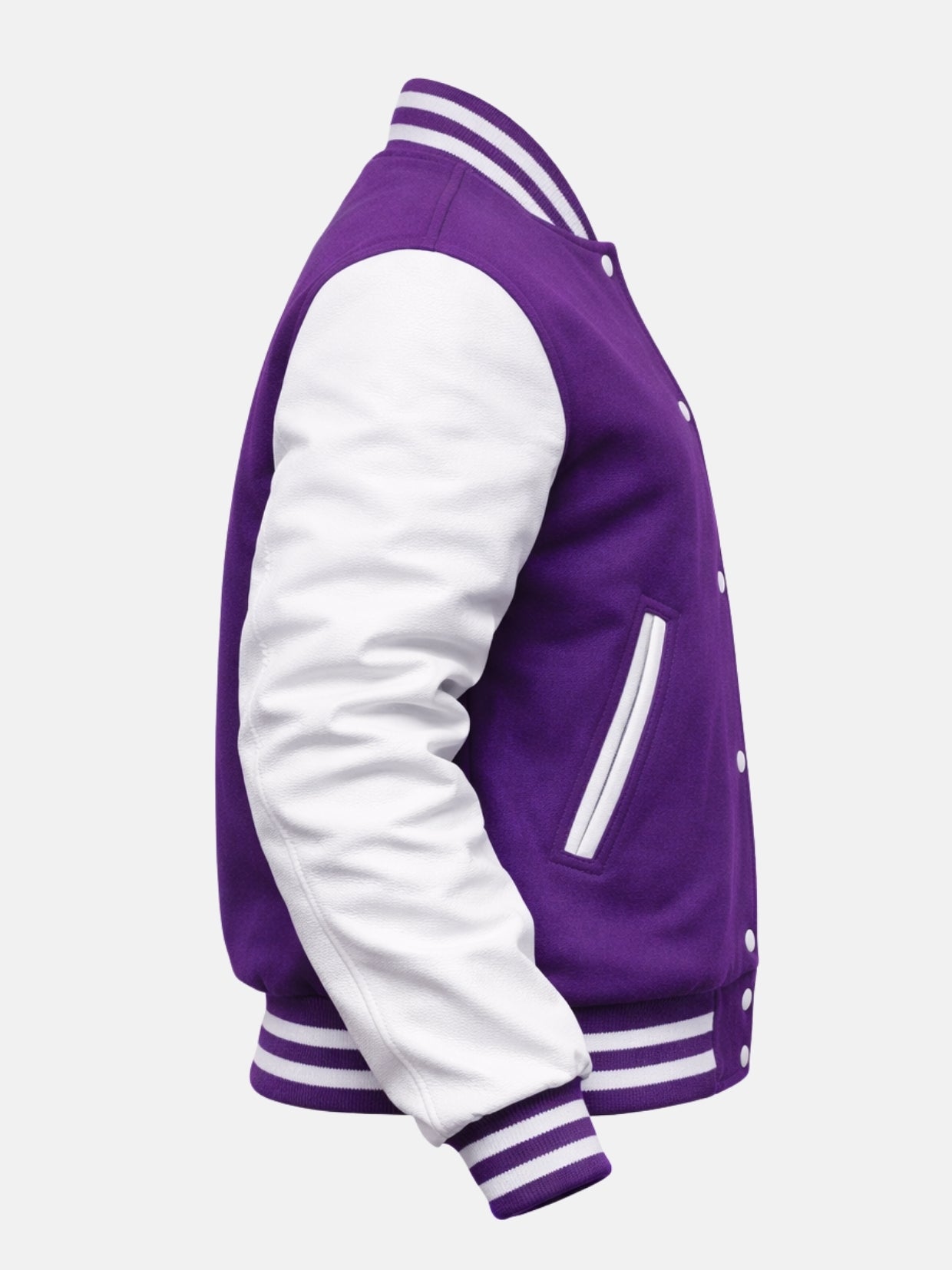 Side flat view of purple varsity jacket showing white welt trim and striped hem