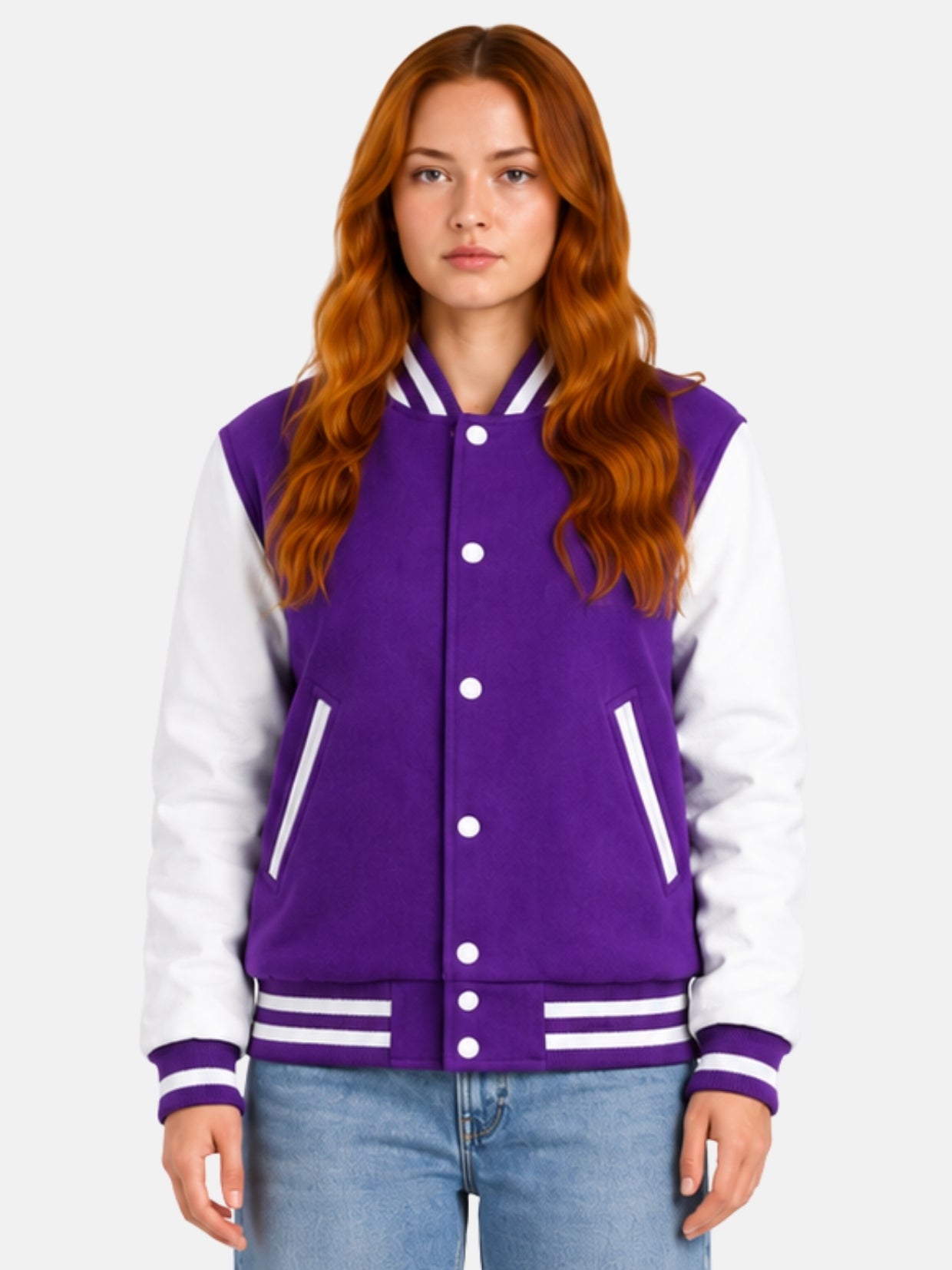 Woman wearing a purple varsity jacket with white leather sleeves and striped rib trims