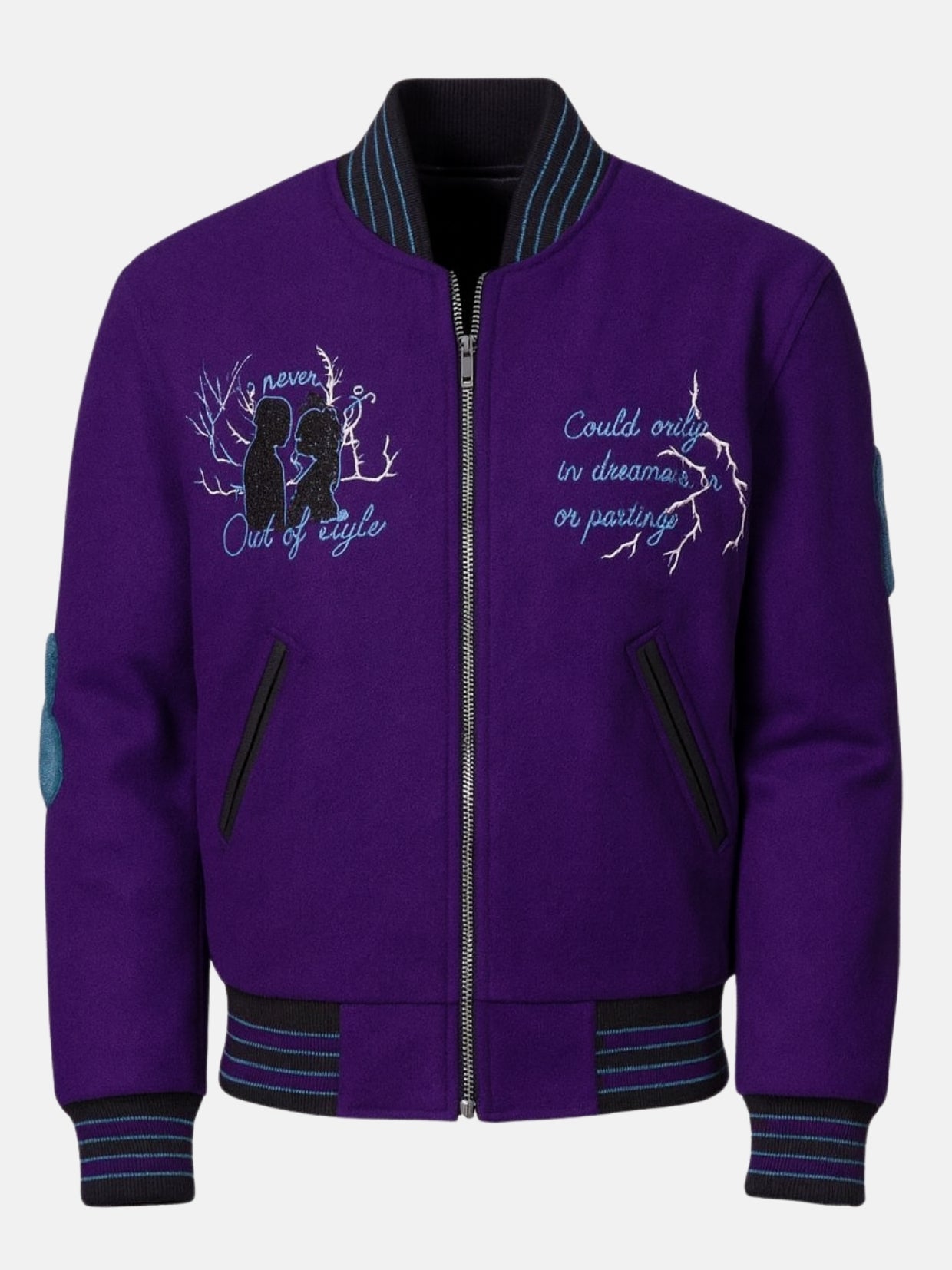 Purple varsity jacket flat front with silver zipper and embroidered lettering