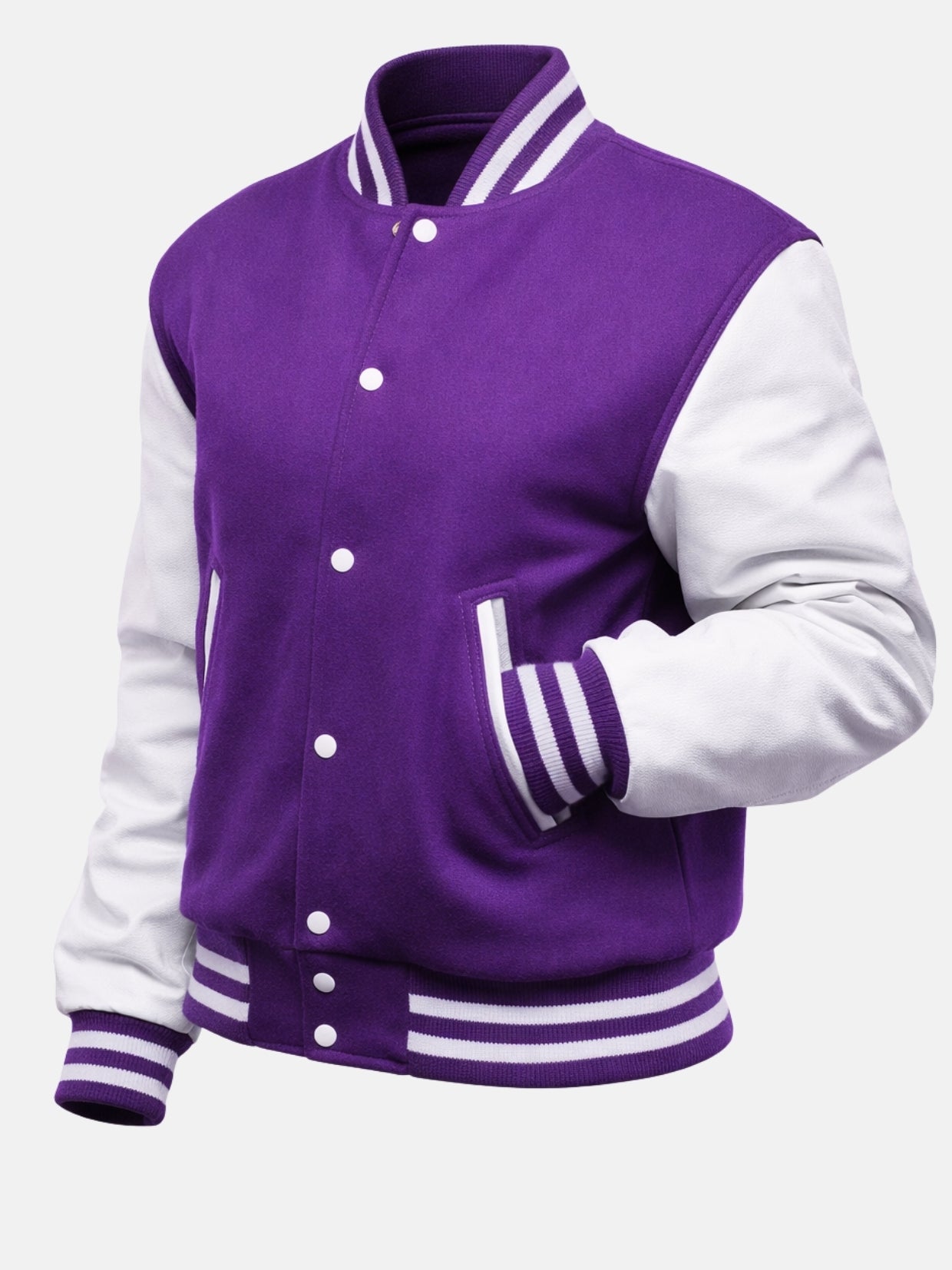 Angled front view of purple varsity jacket with white leather sleeves and snap placket