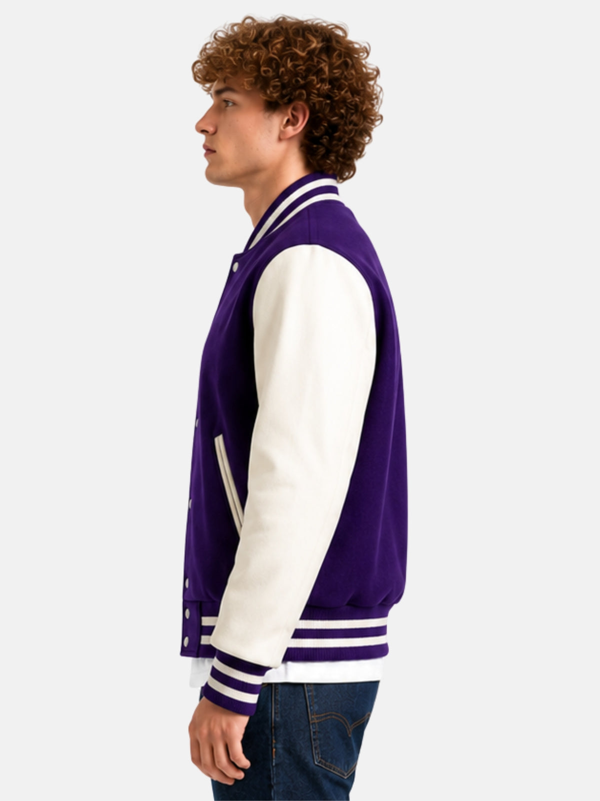 Side profile of purple varsity jacket showing cream sleeve and striped cuff