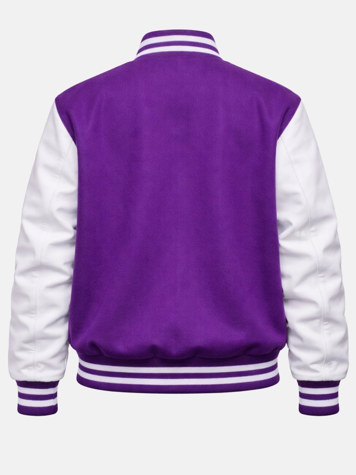 Flat back shot of purple wool varsity jacket with white leather sleeves