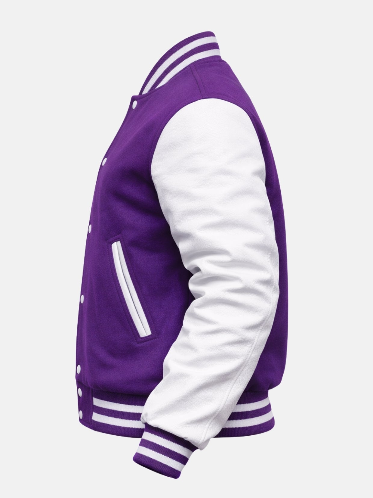 Women’s purple and white varsity jacket with wool body and ribbed trim, left view