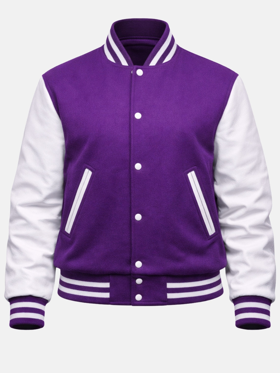 Woman wearing a purple varsity jacket with white leather sleeves and striped rib trims