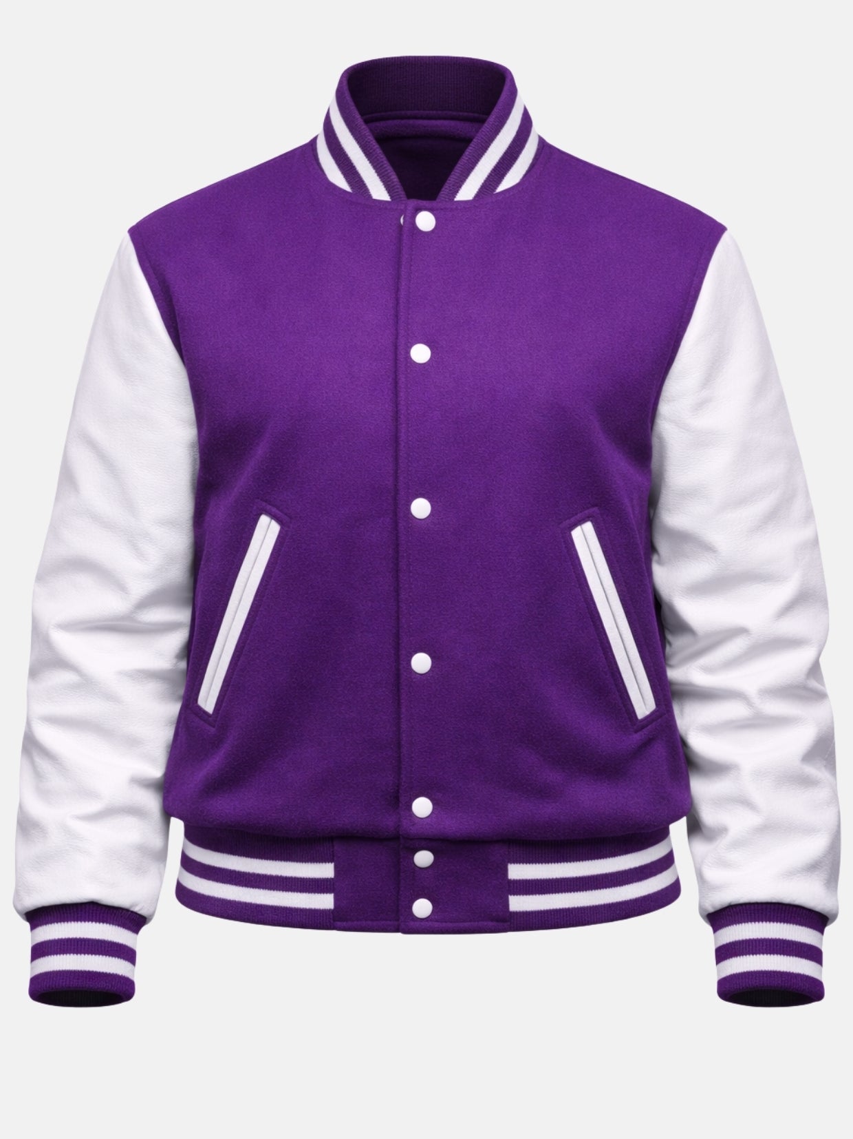 Purple varsity jacket flat front with white snaps and white-trimmed welt pockets