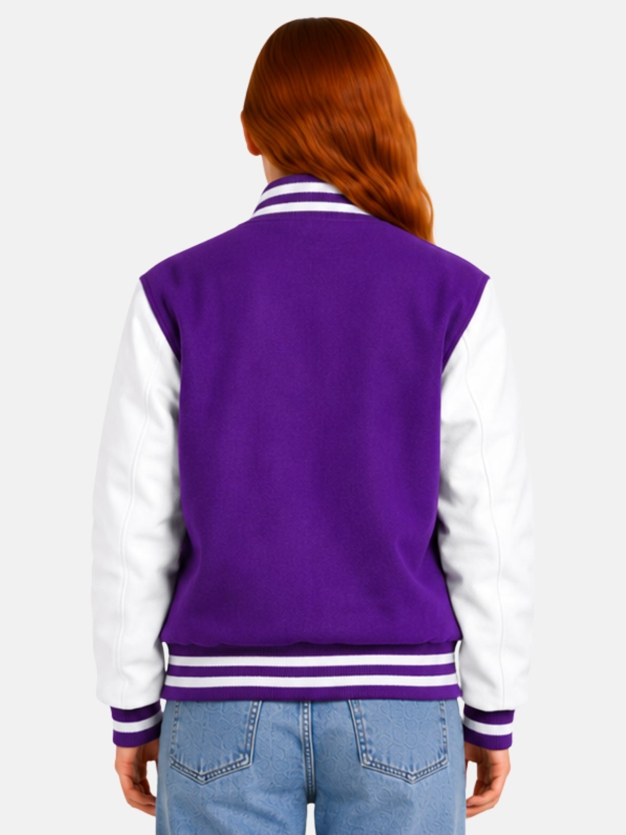 Back view of womens purple varsity jacket with white sleeves and clean back panel