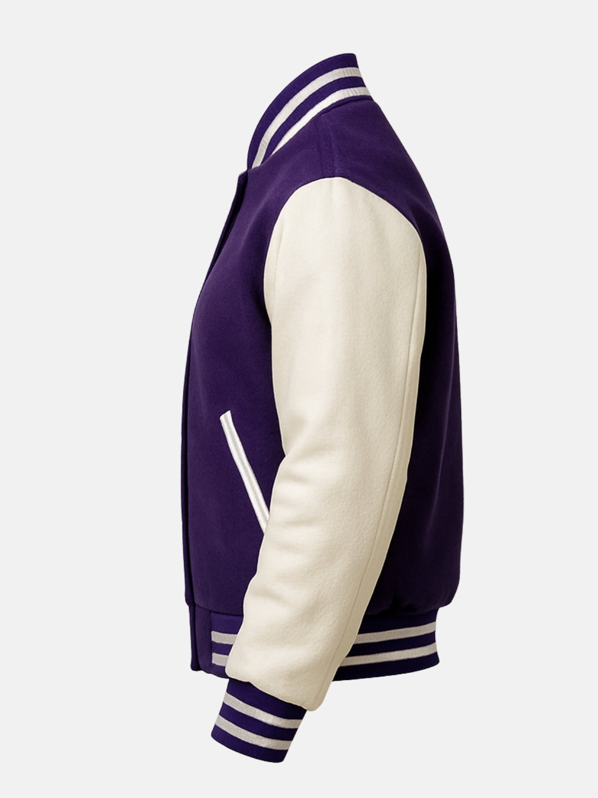 Flat side view of purple wool varsity jacket showing cream welt trim