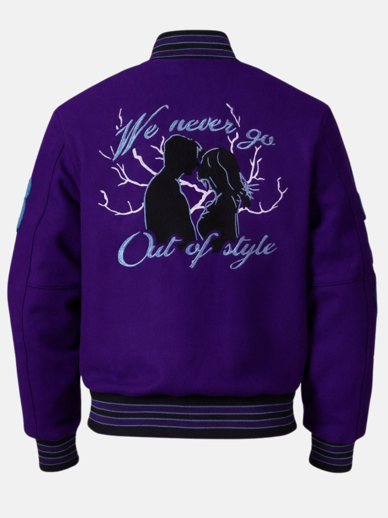 Flat back shot of purple wool varsity jacket with embroidered script and branches