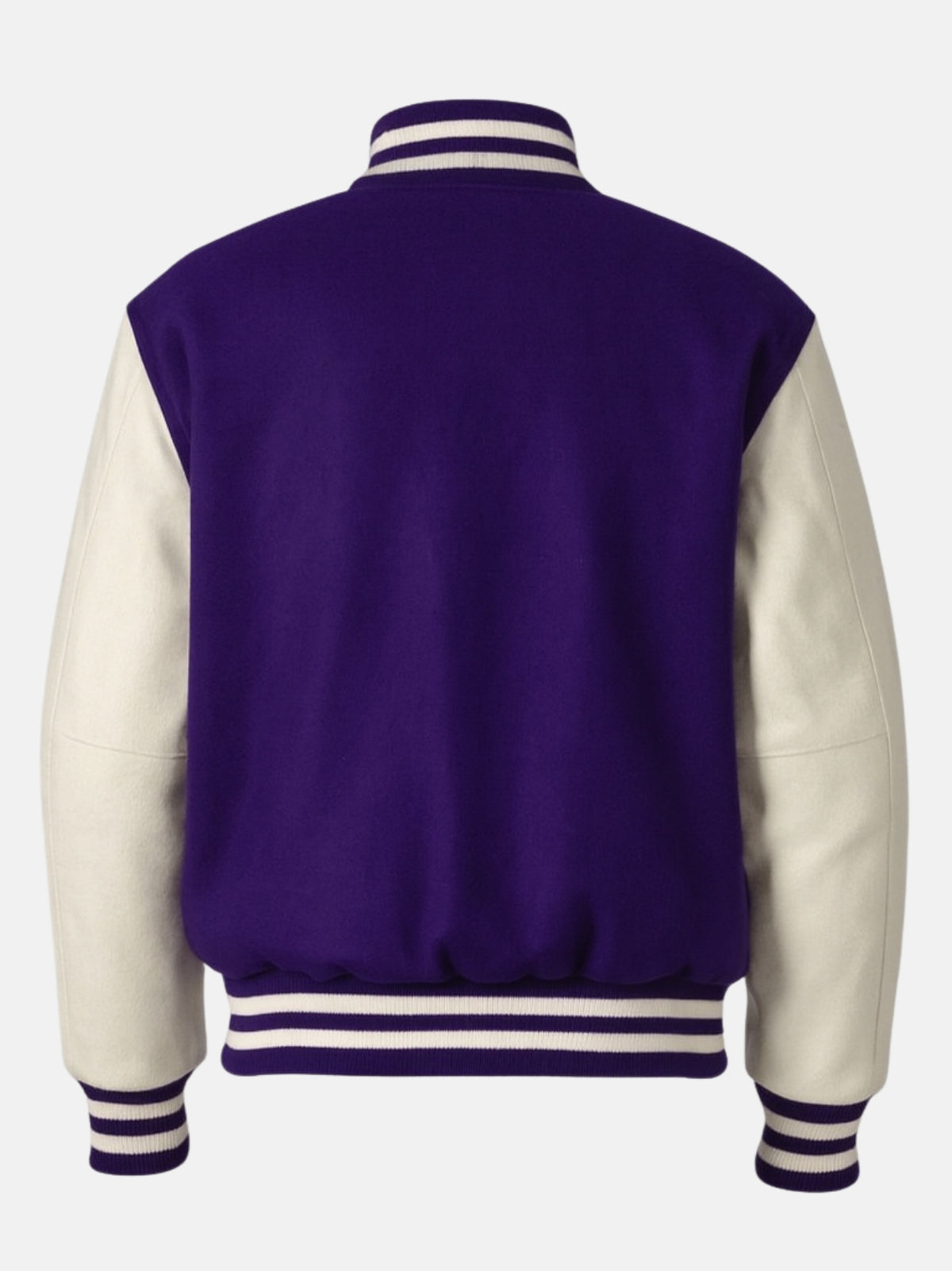 Flat back shot of deep purple wool varsity jacket with cream sleeves