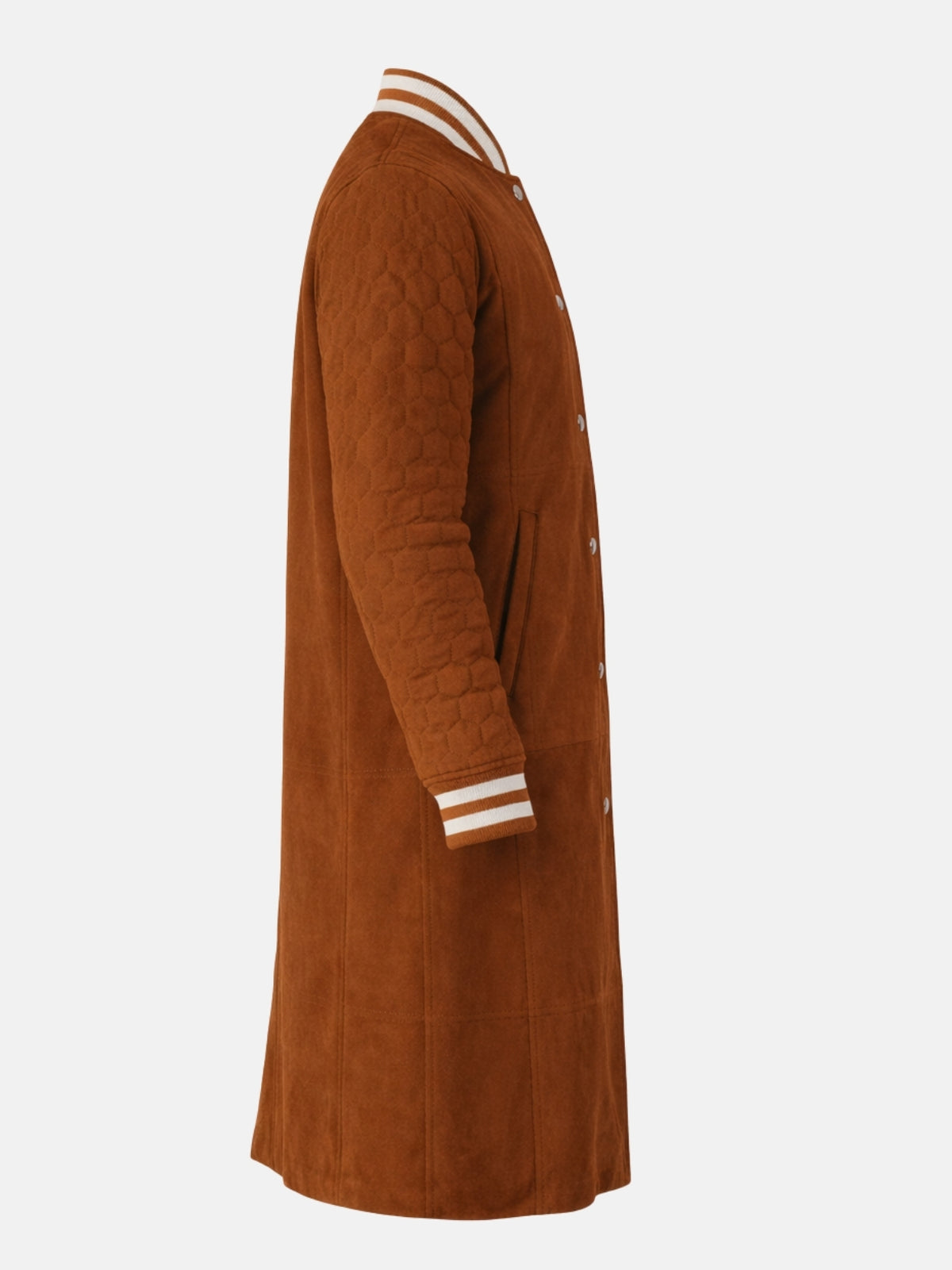 Honeycomb-quilted sleeve of tan suede varsity coat, side view