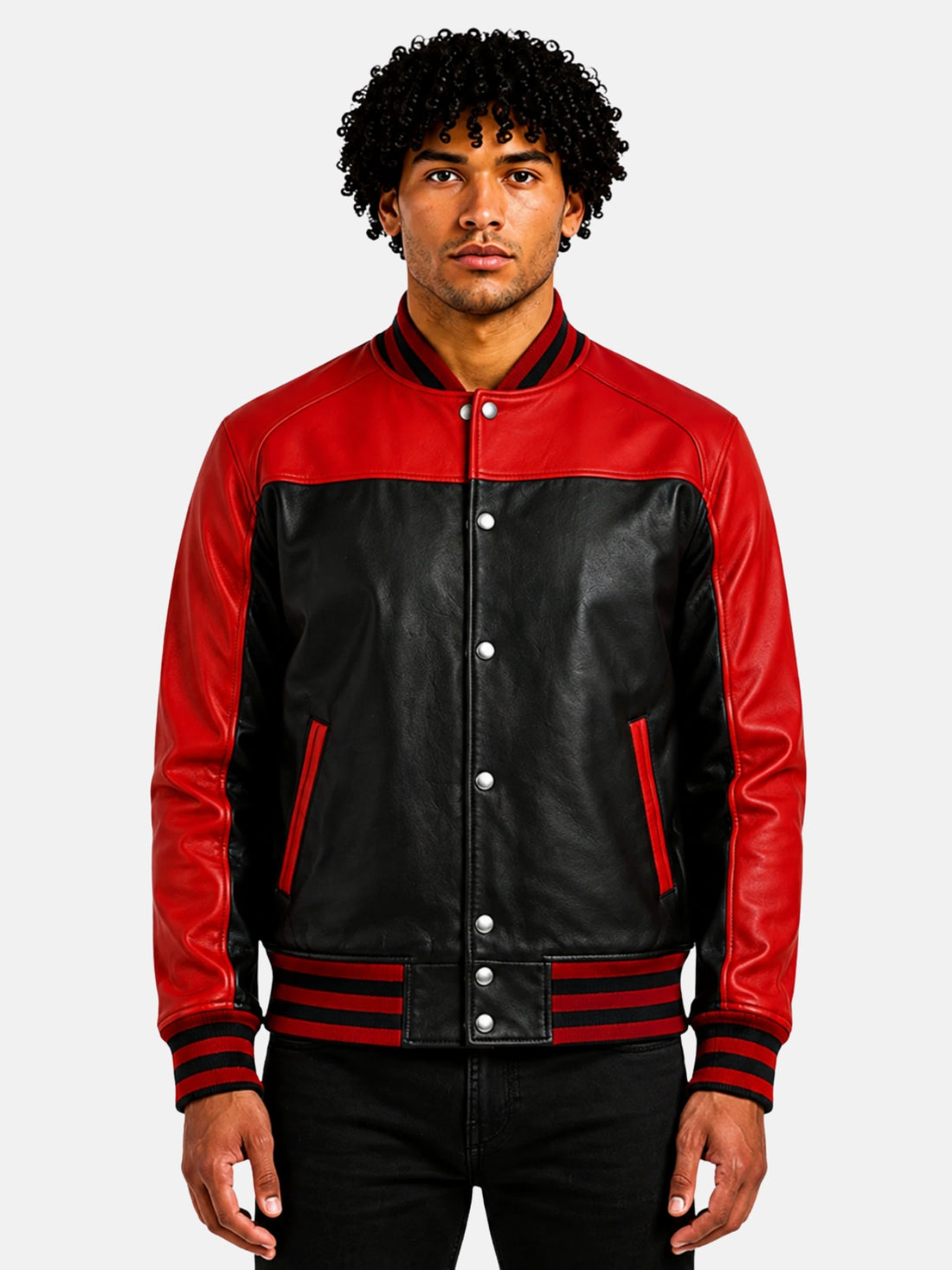 Man wearing red and black leather varsity jacket with snap front and striped ribbing