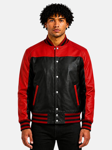 Man wearing red and black leather varsity jacket with snap front and striped ribbing