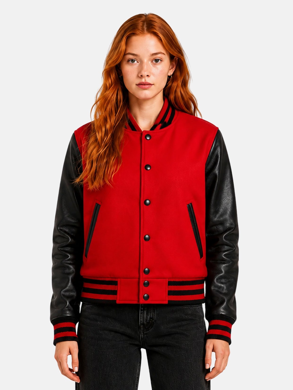 Woman wearing a red varsity jacket with black leather sleeves and striped trims