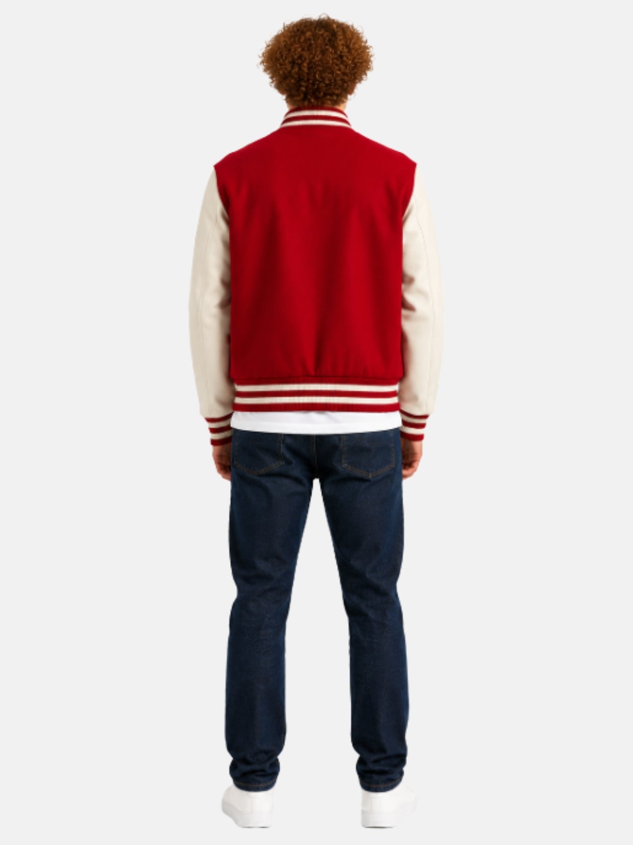 Back view of red and white varsity jacket with clean, patch-free back panel