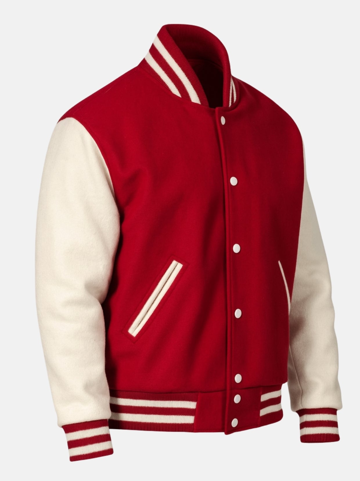Angled view of red and white wool varsity jacket with striped stand collar