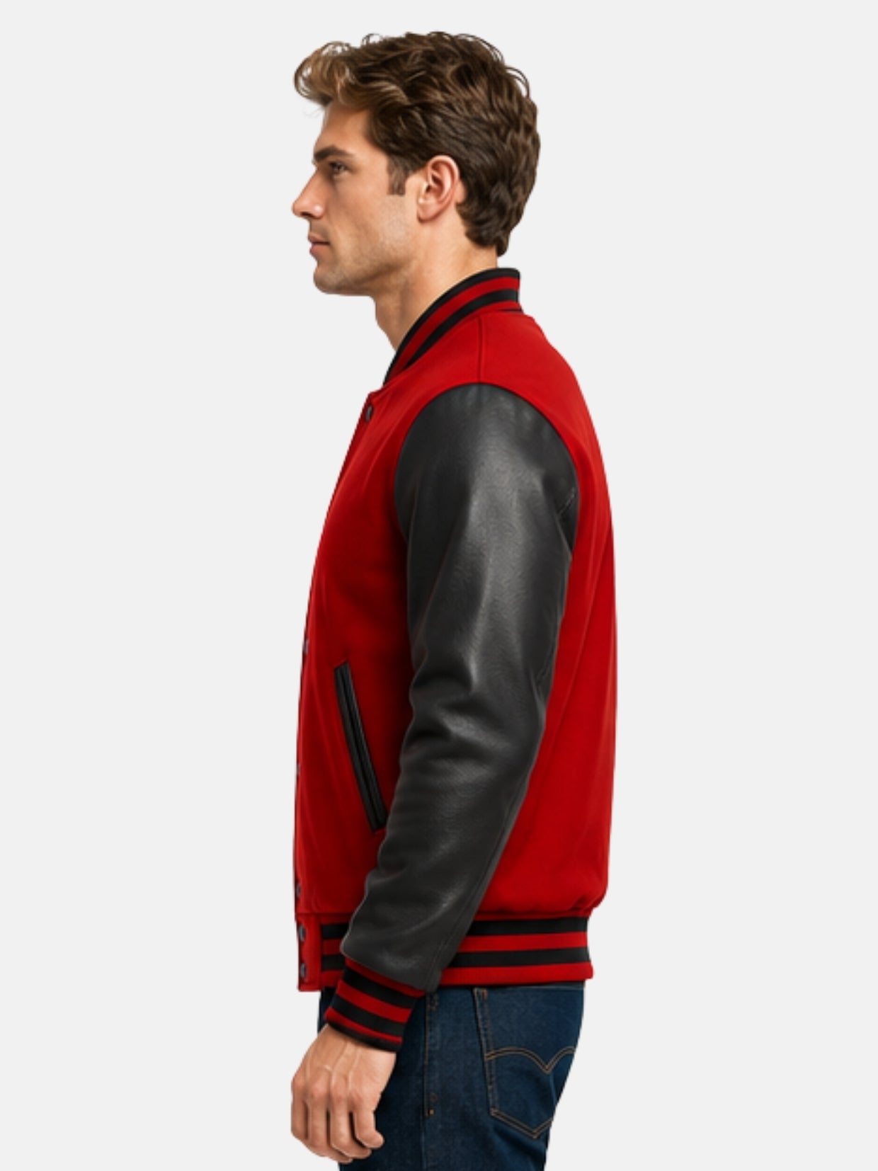 Side profile of red wool baseball-collar jacket with black pebbled leather sleeve on model