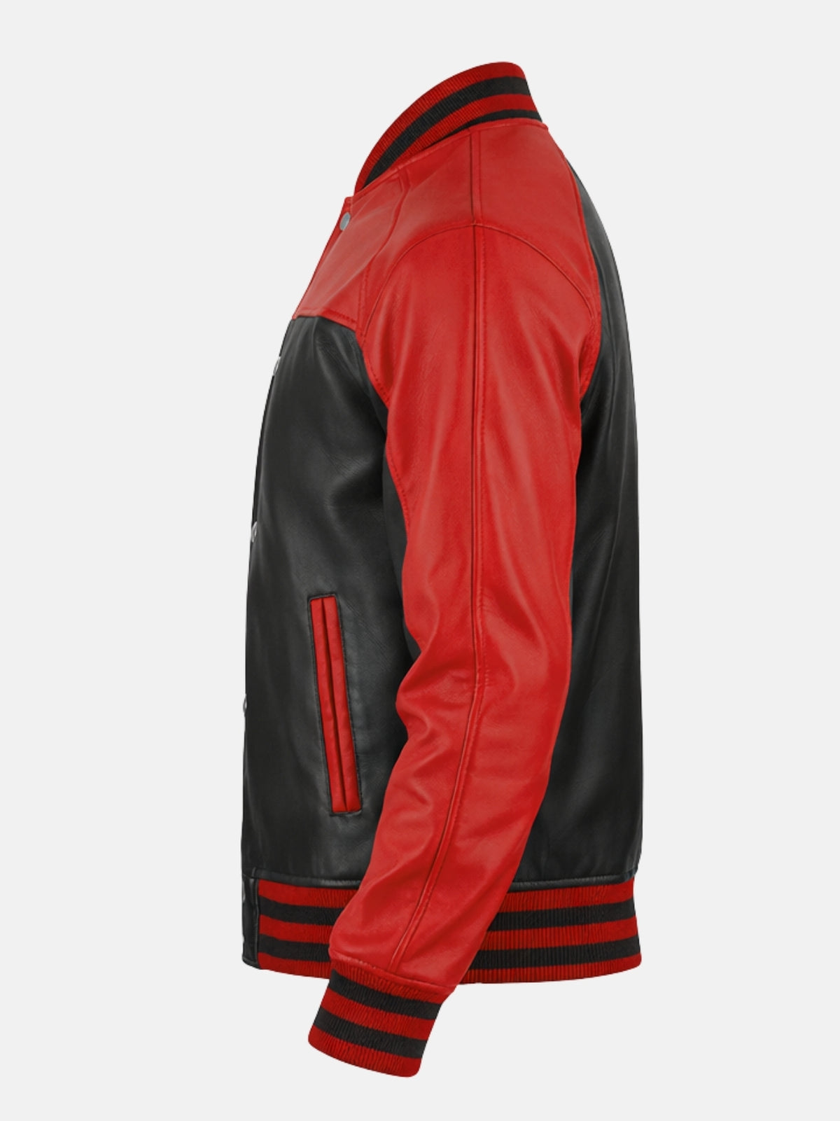 Red yoke seam detail on black leather varsity jacket, side profile