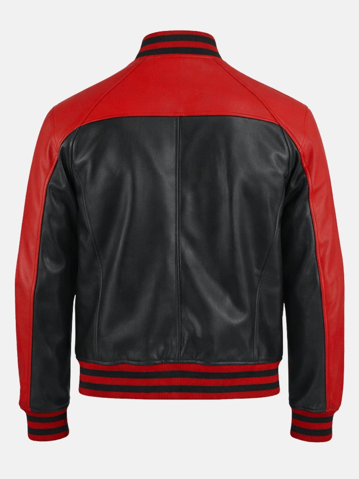 Back of red and black leather varsity jacket with contrast yoke and striped hem