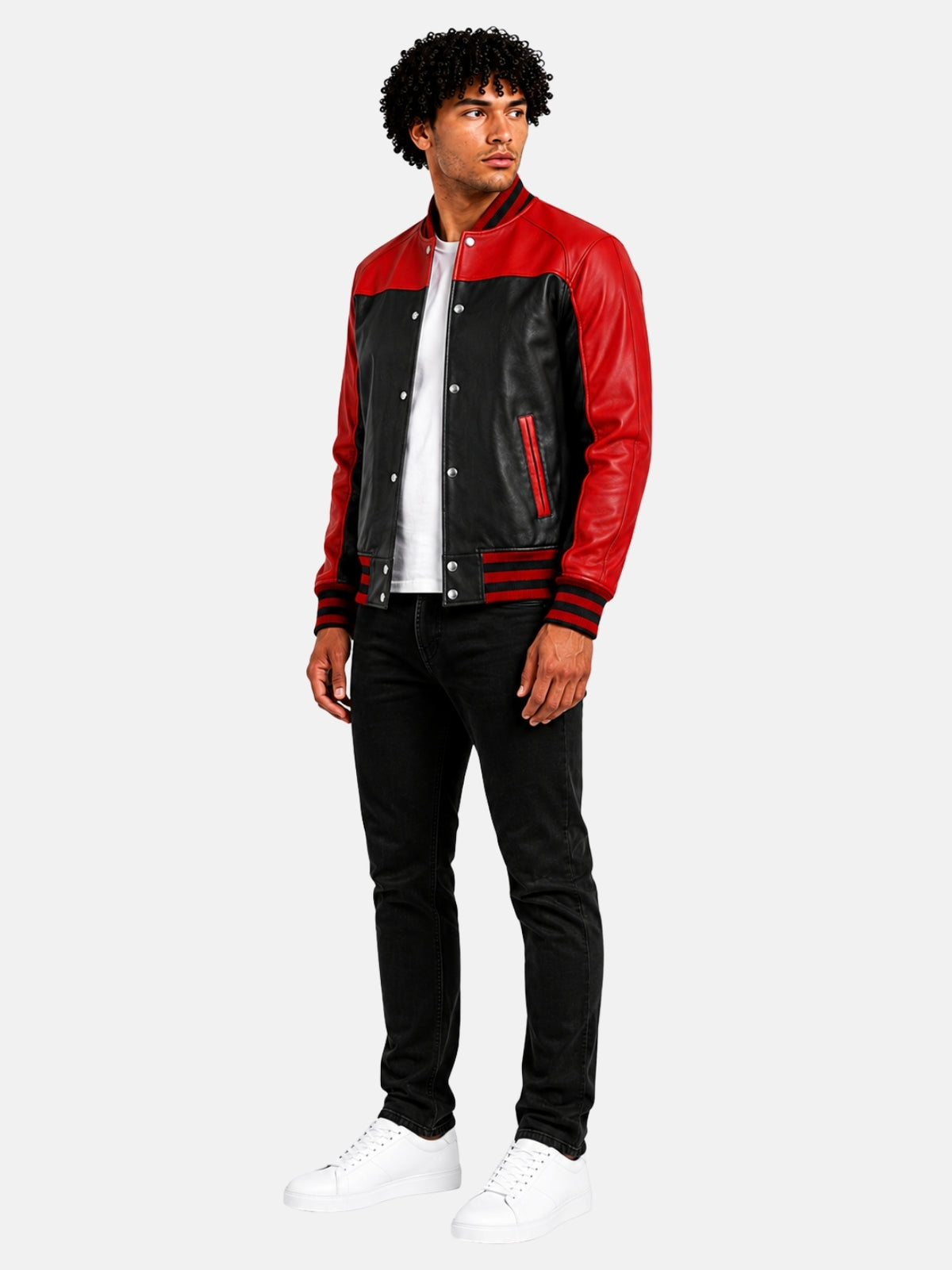 Full-length look with red and black leather varsity jacket over white tee and black jeans