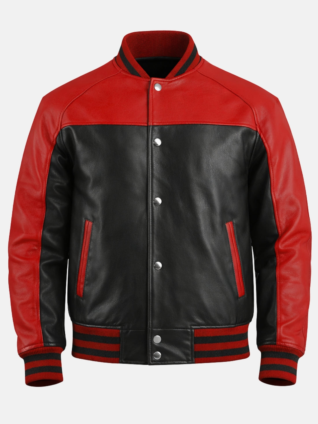 Man wearing red and black leather varsity jacket with snap front and striped ribbing