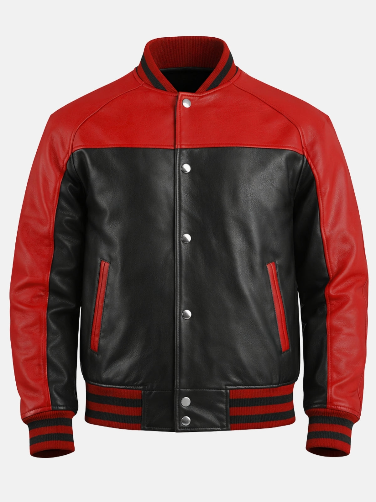 Red and black leather varsity jacket with silver snaps and red piped pockets