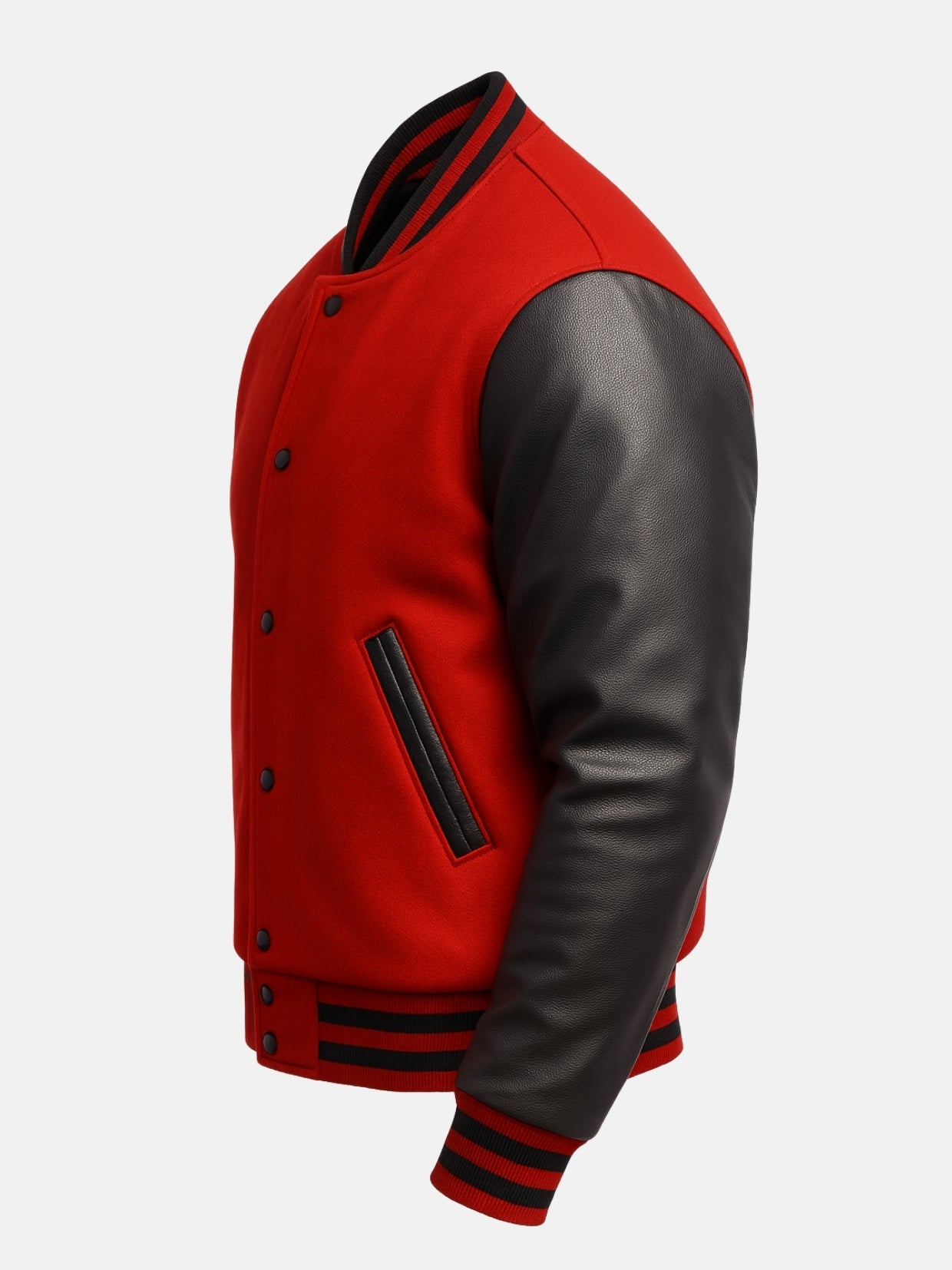 Angled view of red and black letterman jacket showing black snap front and striped hem