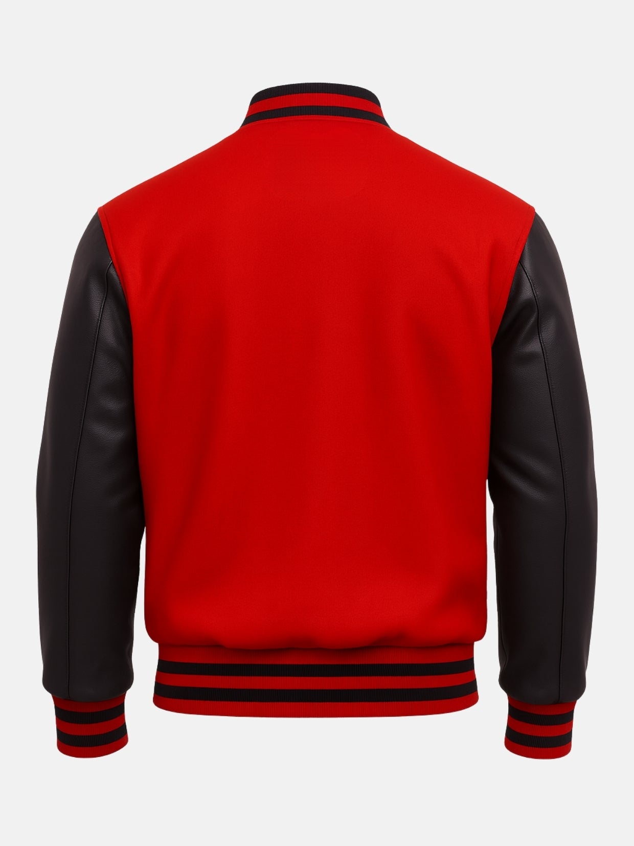 Blank red back panel of wool varsity jacket with black leather sleeves, customization-ready