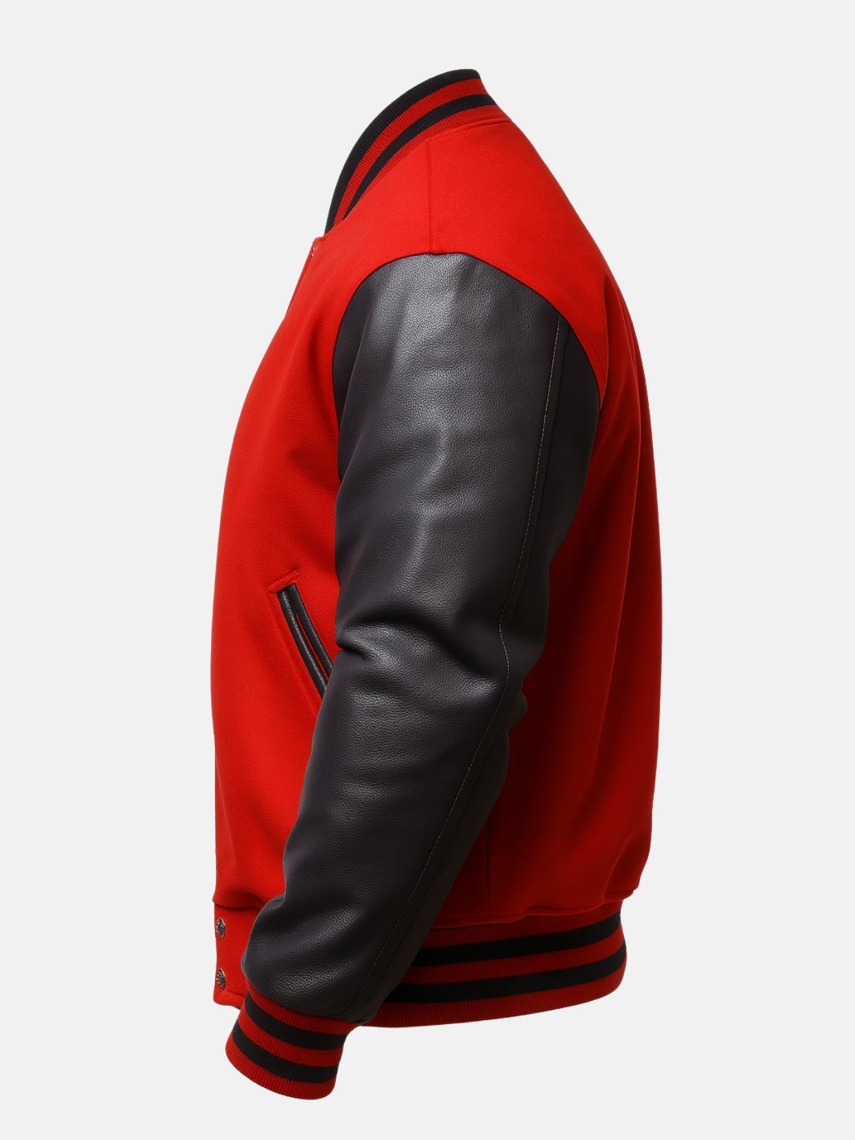 Pebbled black cowhide sleeve with red and black striped knit cuff on wool varsity jacket