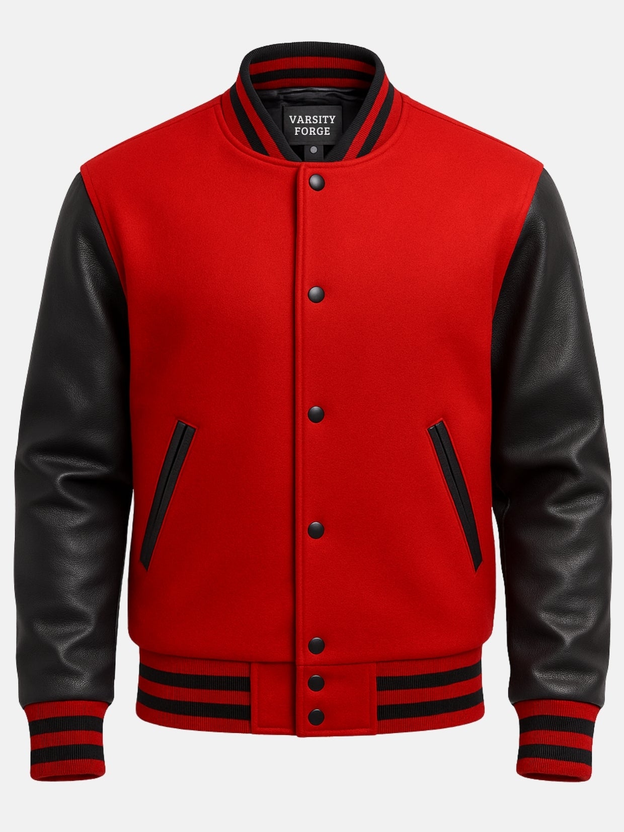 Red and black varsity jacket with matte black snaps and Varsity Forge neck label, front view