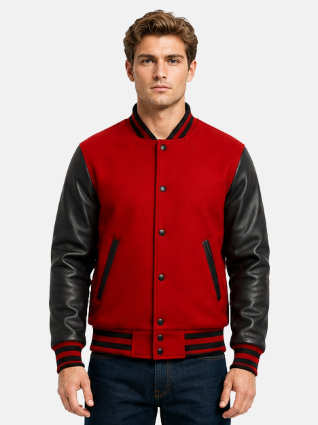 Man wearing red varsity jacket with black leather sleeves and matte black snaps, size Medium