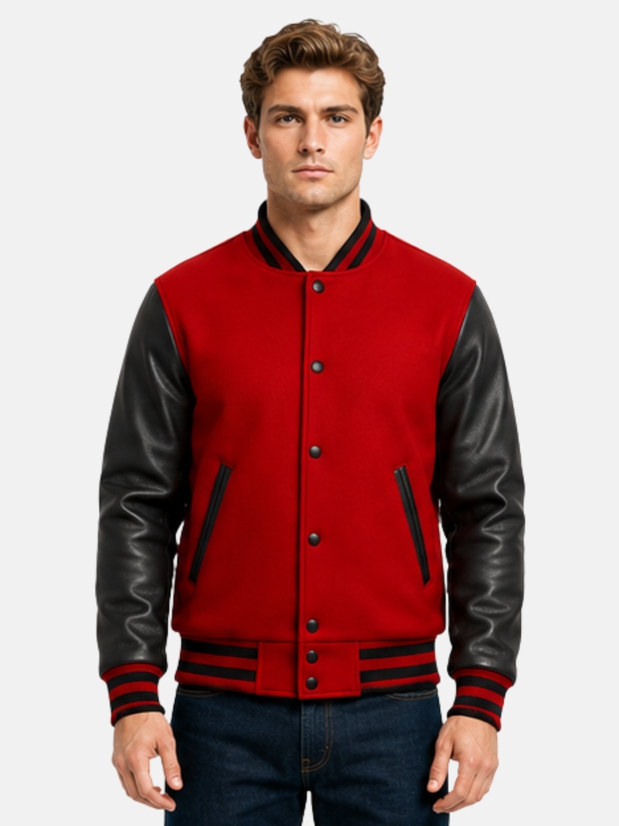 Man wearing red varsity jacket with black leather sleeves and matte black snaps, size Medium