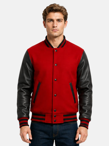 Man wearing red varsity jacket with black leather sleeves and matte black snaps, size Medium