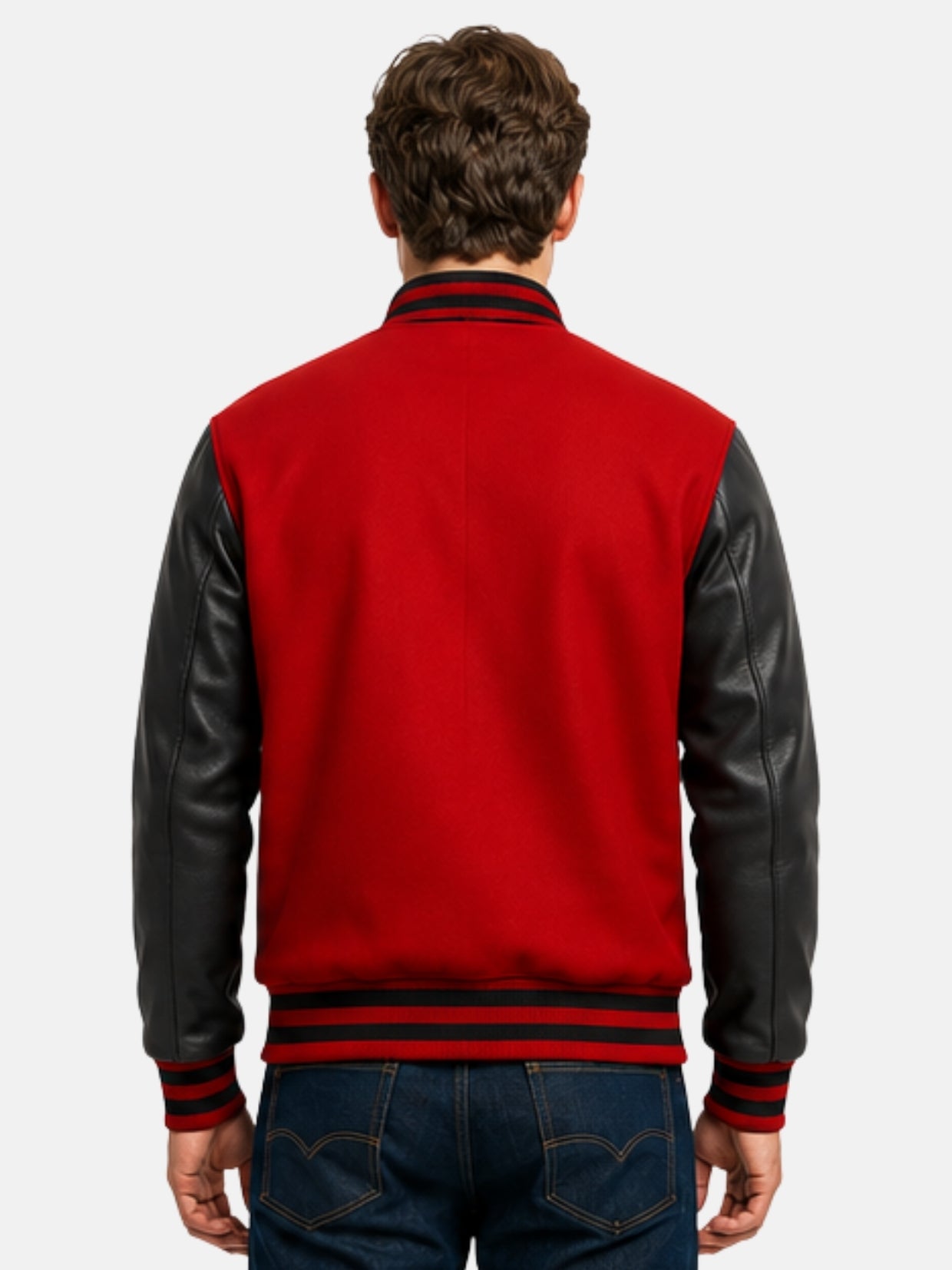 Model showing plain red back of varsity jacket with black cowhide sleeves
