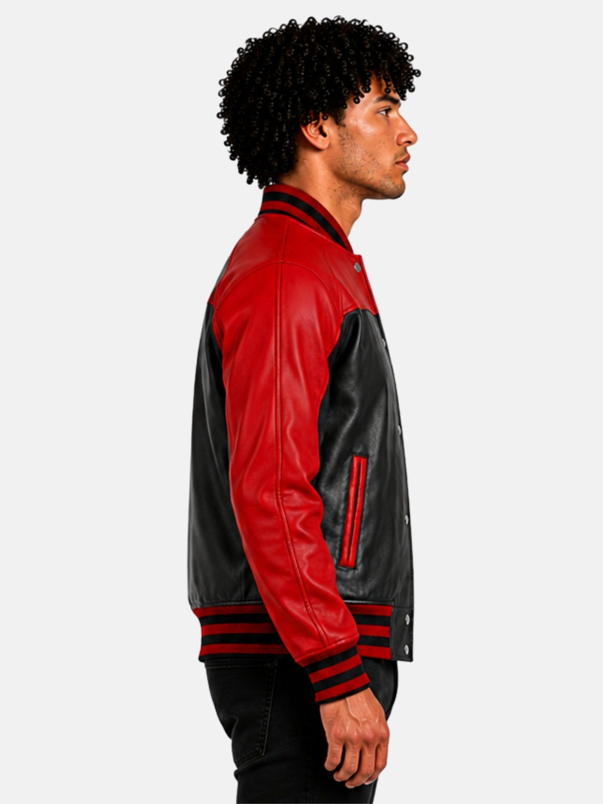 Side profile of red and black leather varsity jacket with red sleeve and piped pocket