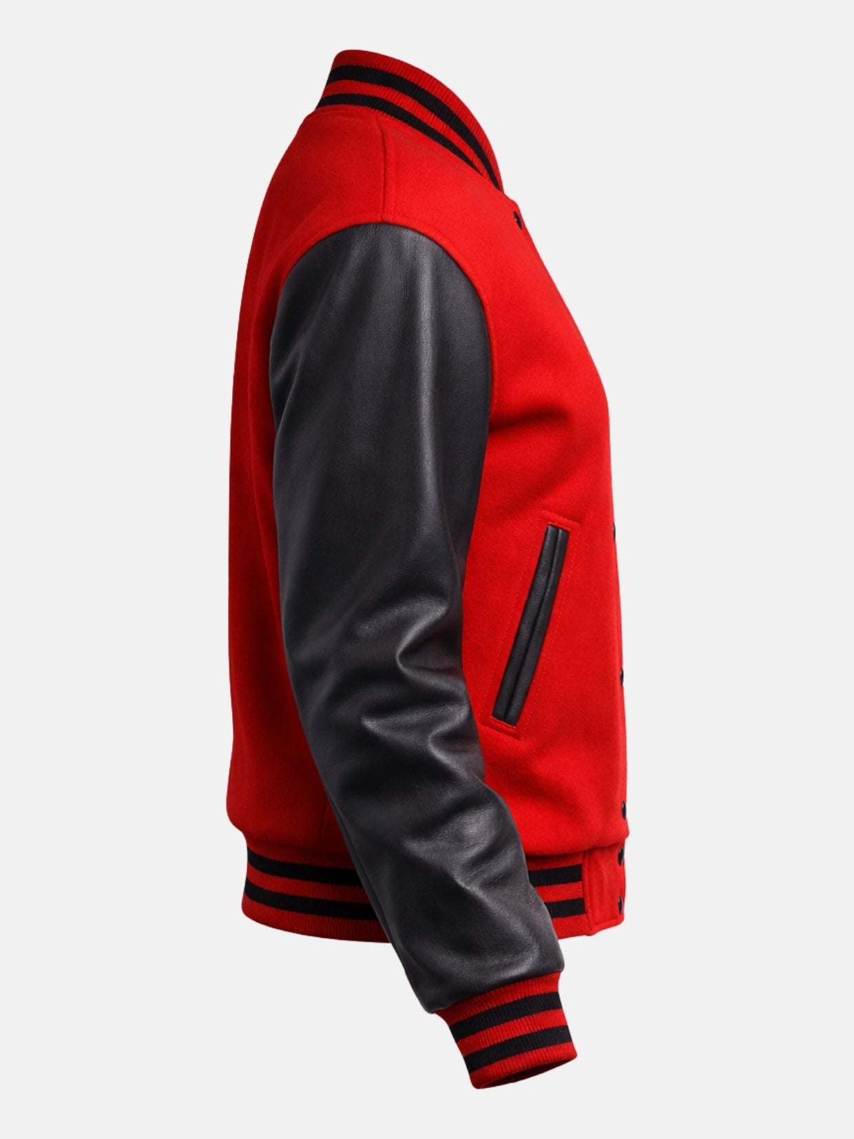 Side flat view of red varsity jacket showing black leather sleeve and welt pocket